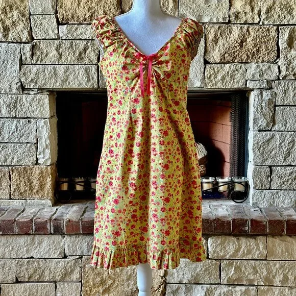 VTG D.B.Y. Mini Dress Yellow Pink Floral Ruffle Bow Accent Size 13/14 - Picture 1 of 8